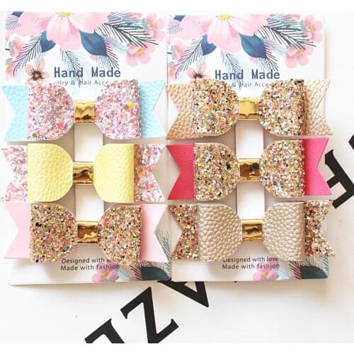 3PCS Girl Hair Clip PU Leather Bow Hairpin Princess Kids Women Hair Clip For Girls Modish Girls Glitter Felt Kids Hair Accessory