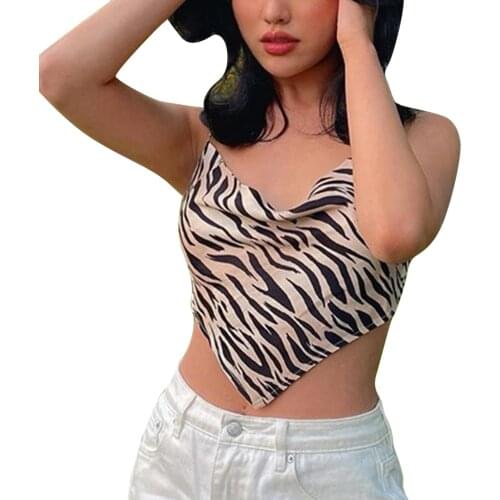 Women Zebra Striped Camisole Summer Sexy V-neck Slim Fit Irregular Exposed Navel Top Female Casual Club Party Camis