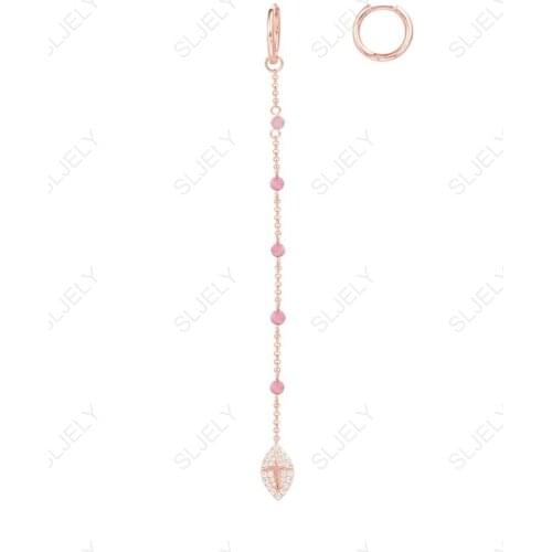 SLJELY Fashion 925 Sterling Silver Rose Gold Color Asymmetric Pink Beads Long Drop Earrings Cubic Zirconia Women Fine Jewelry