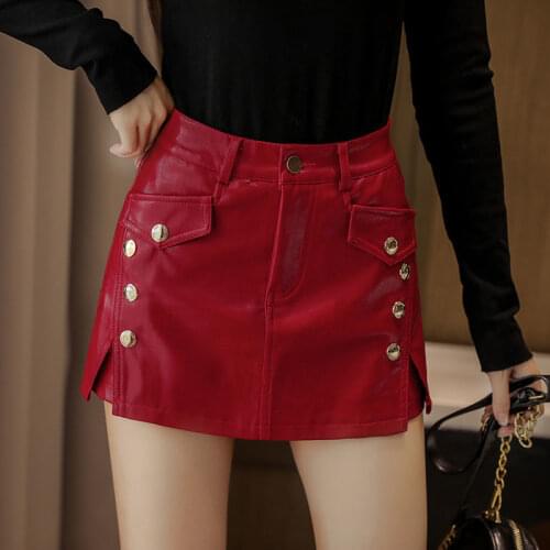 2021 Fashion Leather Skirts Shorts Women High Waist Wide Leg Red Black Shorts Streetwear Sexy Biker Shorts bootie shorts grunge