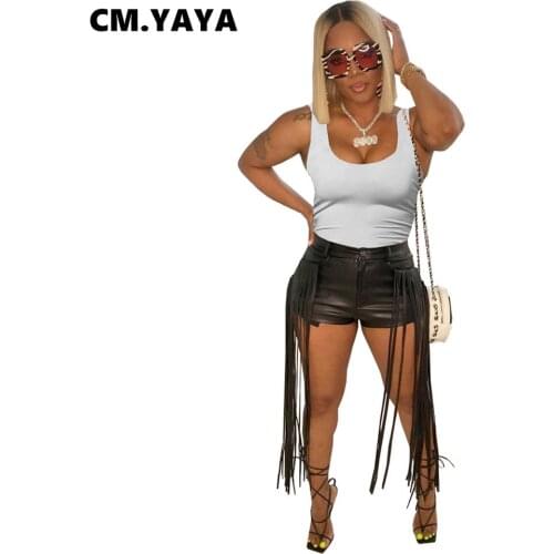 CM.YAYA Women Shorts Solid PU Faux Leather Mid Waist Zipper Tassel Strechy Mini Shorts Sexy Fashion Streetwear Summer 2021