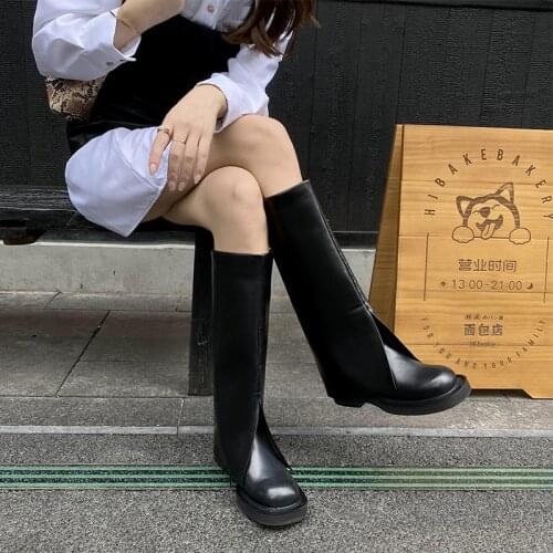 Concise Designer Knee High Boots Wide Leg Genuine Leather Zipper Thick Heels Womens Shoes Casual Basic Autumn Winter Boots