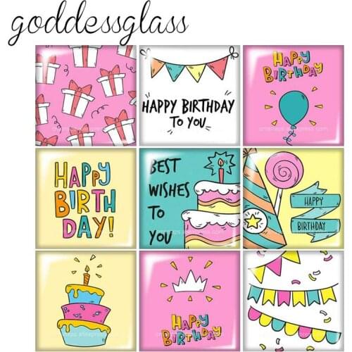 Happy Birthday celebrate Cake 10pcs mixed 12mm/20mm/25mm/30mm Square photo glass cabochon demo flat back Making findings