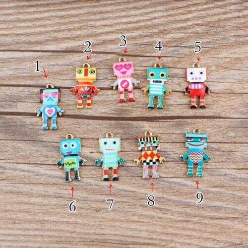 10pcs Colorful Alloy Enamel Vintage Robot Charms Printing Patterned Pendants for Bracelet Keychain Necklace Jewelry Making Craft