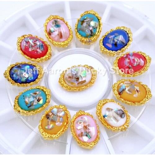 12PCS 3d oval glitter shell rhinestones for nail art decorations beauty nail supplies tools metal gold nails jewelry gems