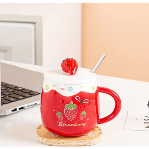 430ml Modern Fashion Strawberry Coffee Mug Creative Fruit Ceramic Cup Spoon with Lid Couple Cups Breakfast Milk Mugs