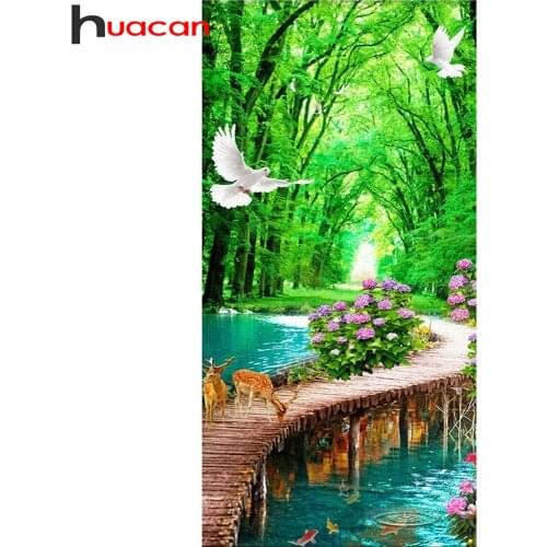 Huacan Diy Diamond Painting Embroidery Waterfall Tree Scenery Square/round Diamond Mosaic Bridge Water Landscape Home Decor
