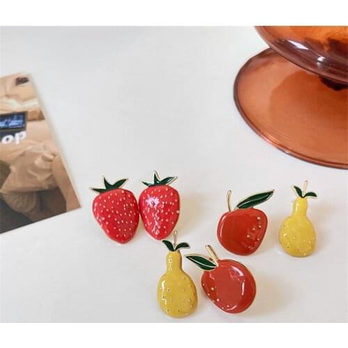 AOMU Korea Sweet Cute Red Yellow Enamel Fruit Stud Earrings Sweet Romantic Smooth Strawberry Pear Small Ear Clip for Women Party