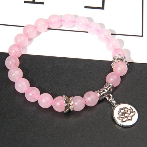 Pink Quartzs Lotus Bracelet Buddhism Women Men Prayer Blessing Health Natural Stone Strand Beads Medetation Bracelets&Bangles