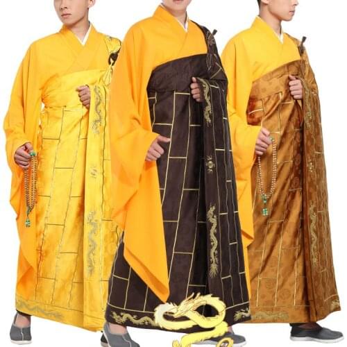 Buddhist monk embroidery suits gown uniforms shaolin cassocks robe zen lay robes monk suit frock clothing orange/coffee