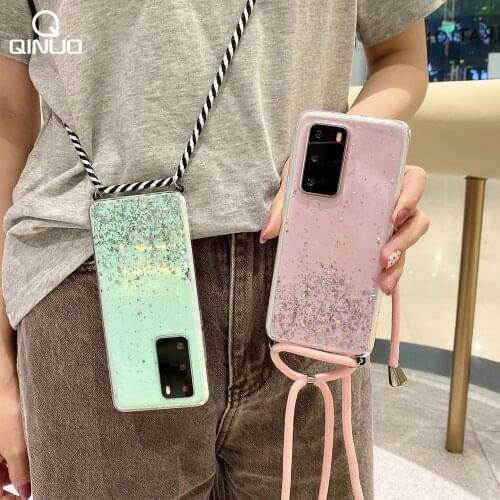 Glitter Clear Soft Rope Case For Huawei Honor 30 30S V30 X10 20 Pro V20 20i 10 10i V9 8X 9A Play 3 4T Pro Necklace Lanyard Cover