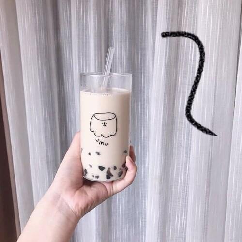 Ins Style Milk Cup With Straw Water Juice Cup Cold Cute Patterns Transparent Coffee Mug Drink Bottle