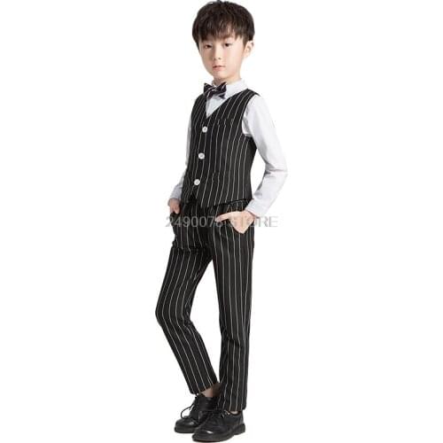 Kids Summer Vest +Pants+Tie 3pcs Clothing Set Flower Boys Formal Suit for Wedding Children Prom Performance Piano Dance Costume