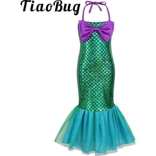 Shiny Fish Scales Printed Mermaid Costume Children Halloween Cosplay Anime Party Kids Girls Halter Bowknots Princess Dress Up