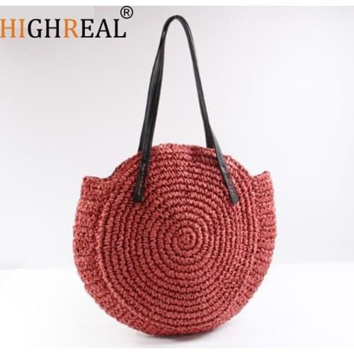 HIGHREAL New Round Straw Bag Beach Bag Woven Large Capacity Single Shoulder Hand Crochet Summer Girl Bag