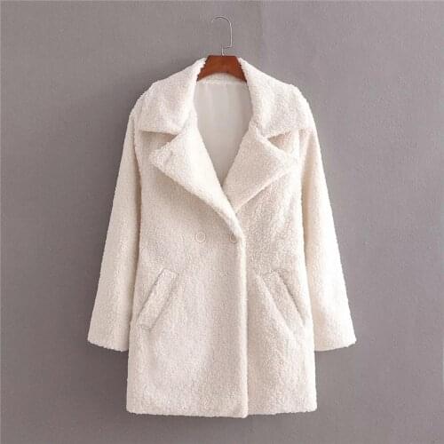 Merodi Winter Autumn Vogue Women Double Breasted Faux Fur Long Coats Female Casual Turn-Down Collar Long Sleeve Thick Outwear