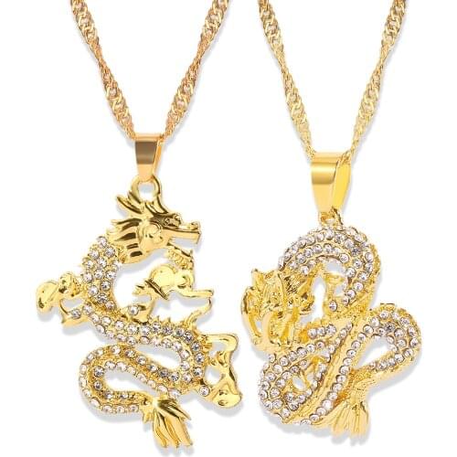 Fashion Dragon Pendant Necklaces for Women Men Gold Color Jewellery Cubic Zirconia Mascot Ornaments Lucky Symbol Gifts