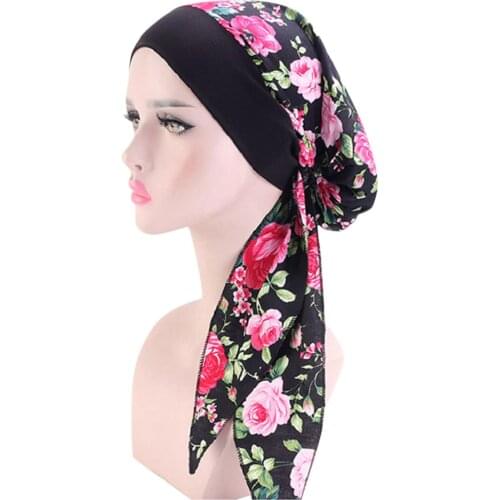 2021 New Fashion Women Flower Muslim Ruffle Hat Beanie Scarf Turban Head Wrap Cap Printed Headwear Ladies Hats #T1P