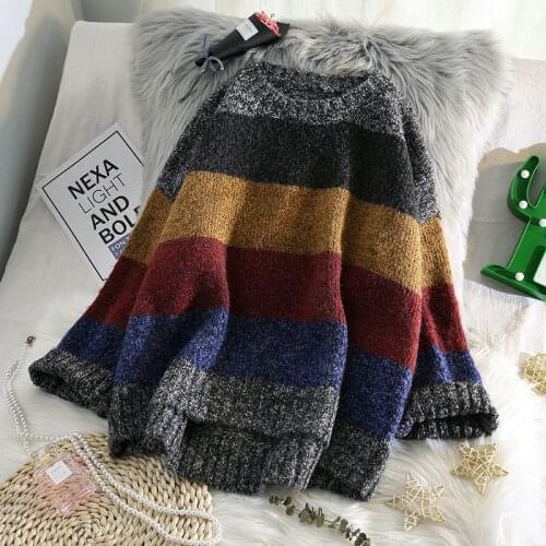 Autumn Winter New Women Round Neck Sweater Casual Long Sleeve Knitted Jumper Elegant Patchwork Striped Print Tops Pullover Y227