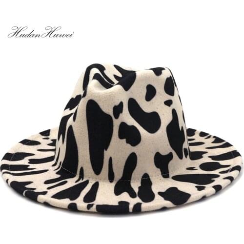 Fall Winter British Classic Jazz Panama Women Men Woolen Fedora Hat Wide Brim Cow Pattern Hat L XL