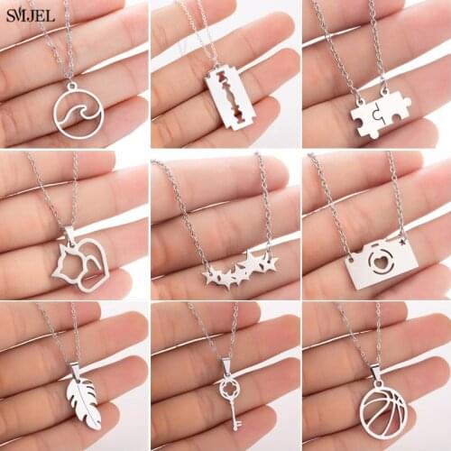 SMJEL Minimalist Stainless Steel Necklace Pendants Women Fashion Jewelry Geometric Puzzle Cat Feather Necklace Choker Wholesale