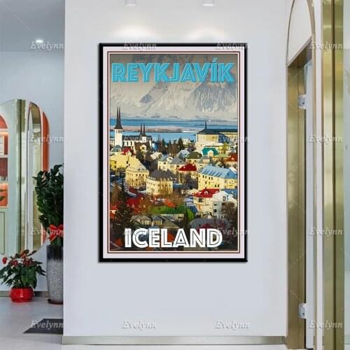 Retro Vintage Style Travel Poster Iceland Reykjavik Oil Painting Posters and Prints on Canvas Wall Art Pictures For Living Room