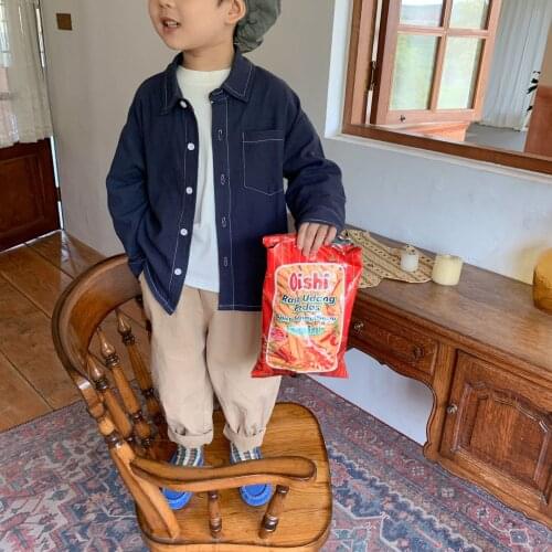 2021 autumn new Korean boys and girls retro solid color washed cotton soft long sleeve shirt