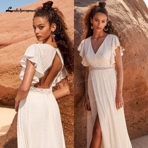 Sexy Side Split Beach Wedding Dress Summer 2021 Puff Sleeve vestido de novia Simple Boho Chiffon Wedding Gowns Plus size