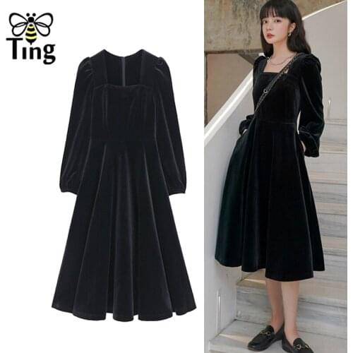 Tingfly France Street Chic Vintage Square Collar Soft Girl A Line Black Velvet Dress Elegant Lantern Sleeve Winter Dress Elbise