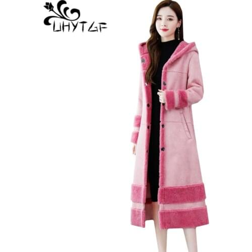 UHYTGF Hooded winter jacket women quality lamb cashmere wool coat fashion plus velvet warm long coat casual 3XLPlus size top 552