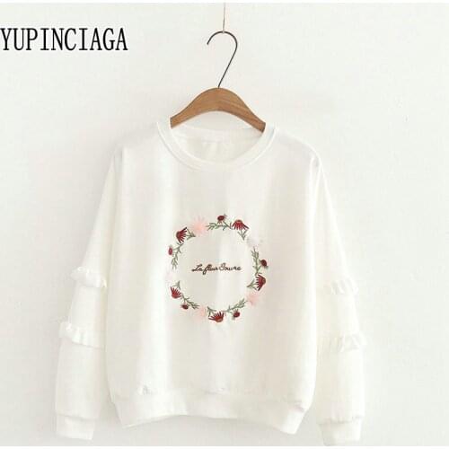 YUPINCIAGA Women 2020 New Embroidery Garland Long Sleeve Sweet O-Neck Sweatshirt Lace Sleeve Loose Top Warm Cute Kawaii Pullover