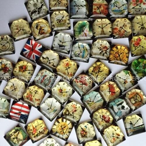 ZEROUP 50pcs/lot 10-15mm clear square glass cabochon clock pattern mixed color fit cameo base setting TP-015-S