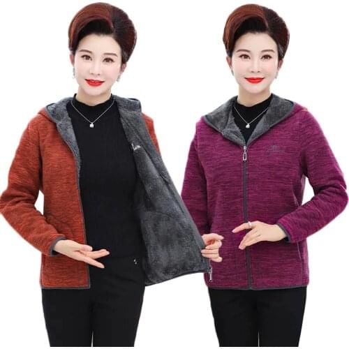 Autumn Women Fleece Jacket 2021Plus Size 5XL Middle-aged Elderly Plus Velvet Hooded Sweatshirt Warm Winter Jacket Female Coats