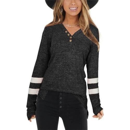 Women Casual Striped T-shirt, Adults Color Block Long Sleeve V-neck Slit Pullover