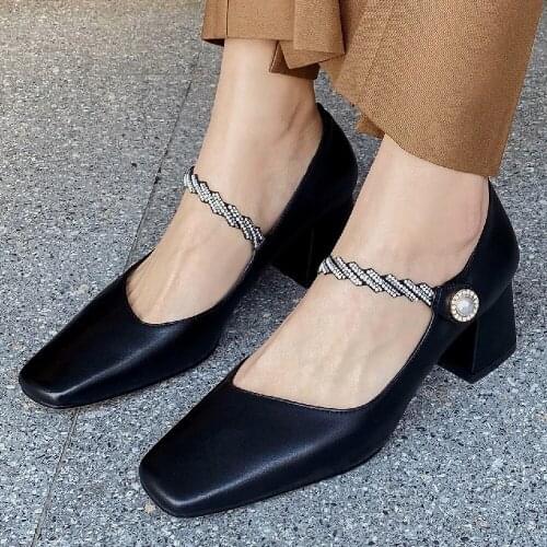 Womens genuine leather thick high heel square toe beading buckle slip-on mary jane pumps soft comfortable spring new daily shoe