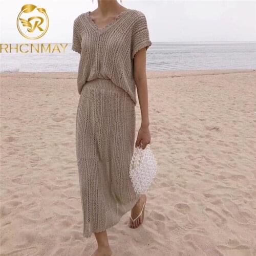 New Women 2021 Summer Knitted 2 Piece Set V Neck Tops + Wrap Hip High Elastic Waist Skirt Set Outfits Matching Sets