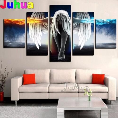 5 Panel 3D Angeles Girls Diamond Painting Anime Demons Childrens Room Modular Wall Pictures Diamond Embroidery Mosaic Painting