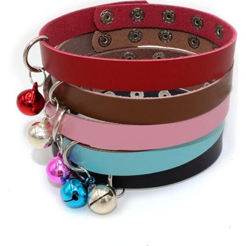 50 Pieces/Lot)1.3cm Cat Small Dog Collars Cowhide Leather Puppy Cat Metal Snap Style Dog Collar with Bell