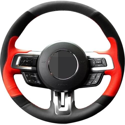 Car Steering Wheel Cover Hand-Stitched Soft Black Genuine Leather Suede For Ford Mustang 2015-2019 Mustang GT 2015