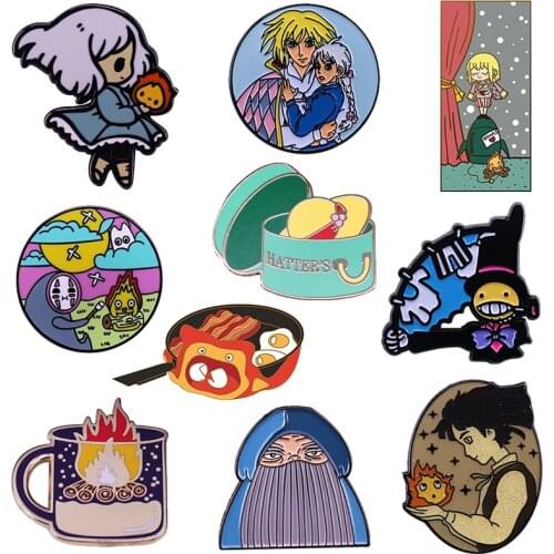 Anime Howl Moving Castle Sophie Calcifer Fire Turnip Markl Enamel Brooch Pins Custom Brooches Cartoon Badges Lapel Pin Jewelry