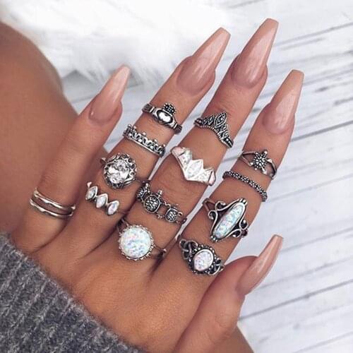 EN 12 PCS/Set Vintage Large Crystal Opal Stone Midi Rings Set For Women Fashion Anillos Heart Crown Knuckle Rings Jewelry Party