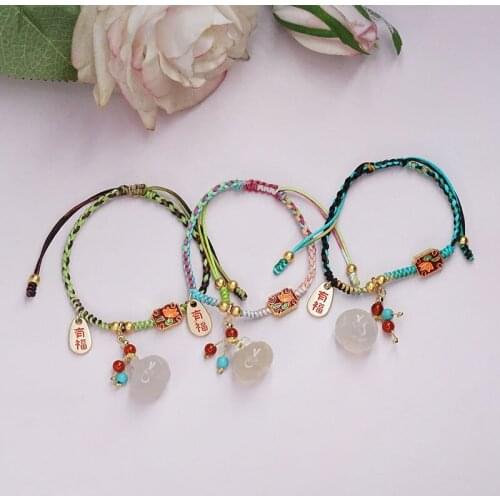 Ethnic Lucky Pumpkin Natural Agate Pendant Enamel Green/Red/Blue Braided Bracelets for Women Fine Jewelry Accessories YBR486