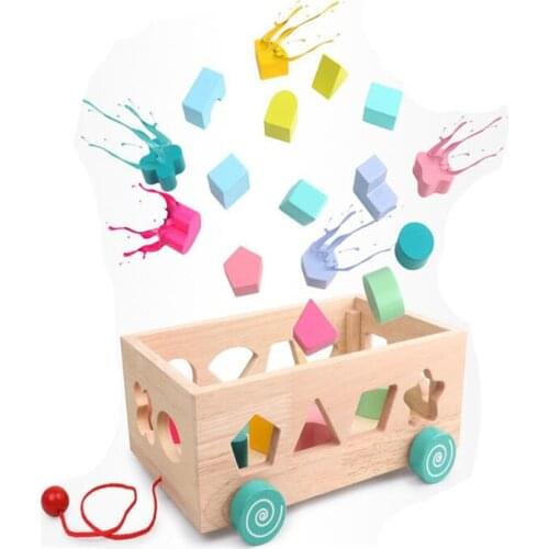 Early Education For Children Wooden Geometric Shape Seventeen Holes Paired Trailer Building Blocks Toys Color Cognitive Toys