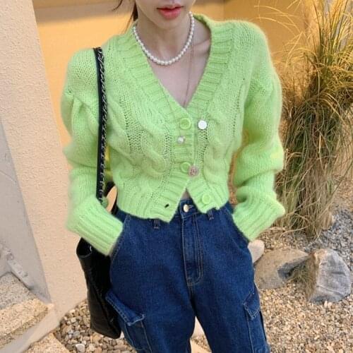 Korean V-Neck Coats Womens Autumn New Style Outerwear Twist Puff Sleeve Single-Breasted Solid Color Knitted Cardigan Jacket