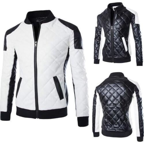 Mens Washed Fashion Argyle Synthetic Leather Jacket Youth Male Handsome Stand Collar Pilot Jackets Color Block PU Leather Coats