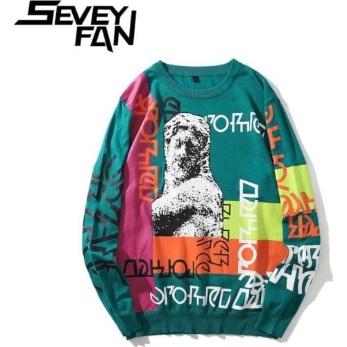 SEVEYFAN Mens Sweater Retro Graffiti Printing Loose Knitwear Men and women National Tide Couple Pullovers