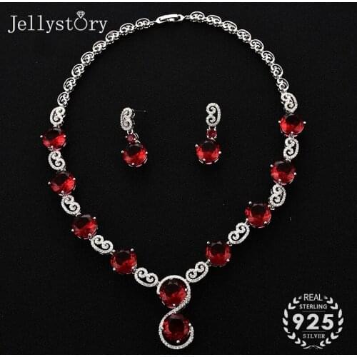 Jellystory luxury jewelry set with ruby gemstone 925 sterling silver necklace pendant earring for women wedding engagement party