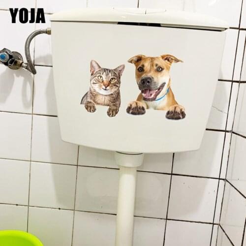 YOJA 22.6×14.3CM Smiling Happy Cat And Dog Creative Home Room Wall Stickers Animal Toilet Decals T1-3088