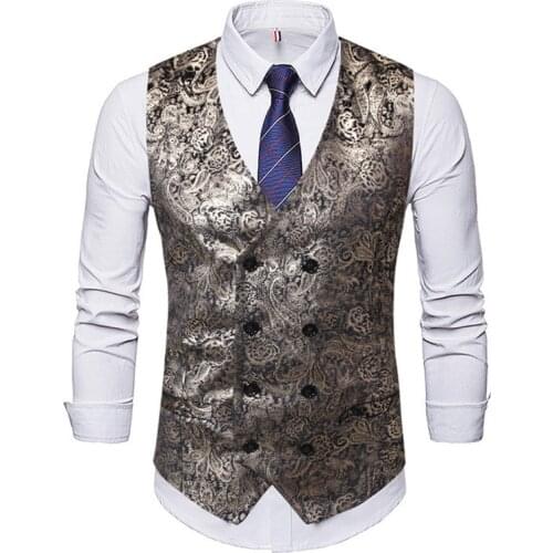 9753 New Spring &Autumn Bronzing Printing Mens Clothing Casual-Style Double-breasted Suit Vest