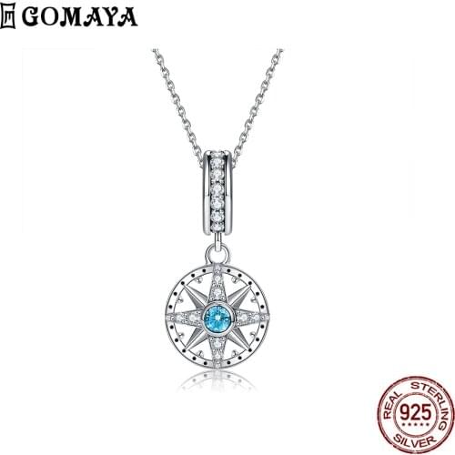 GOMAYA Authentic Silver Compass 925 Sterling Silver Pendant Necklace For Women Cubic Zirconia Necklaces Give Girl Fine Jewelry